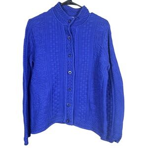L.L.‎ Bean Medium Blue Cotton Cable Knit Weave Button Cardigan Sweater